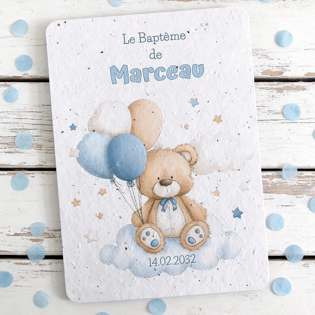 faire-part de baptême à planter nounours bleu