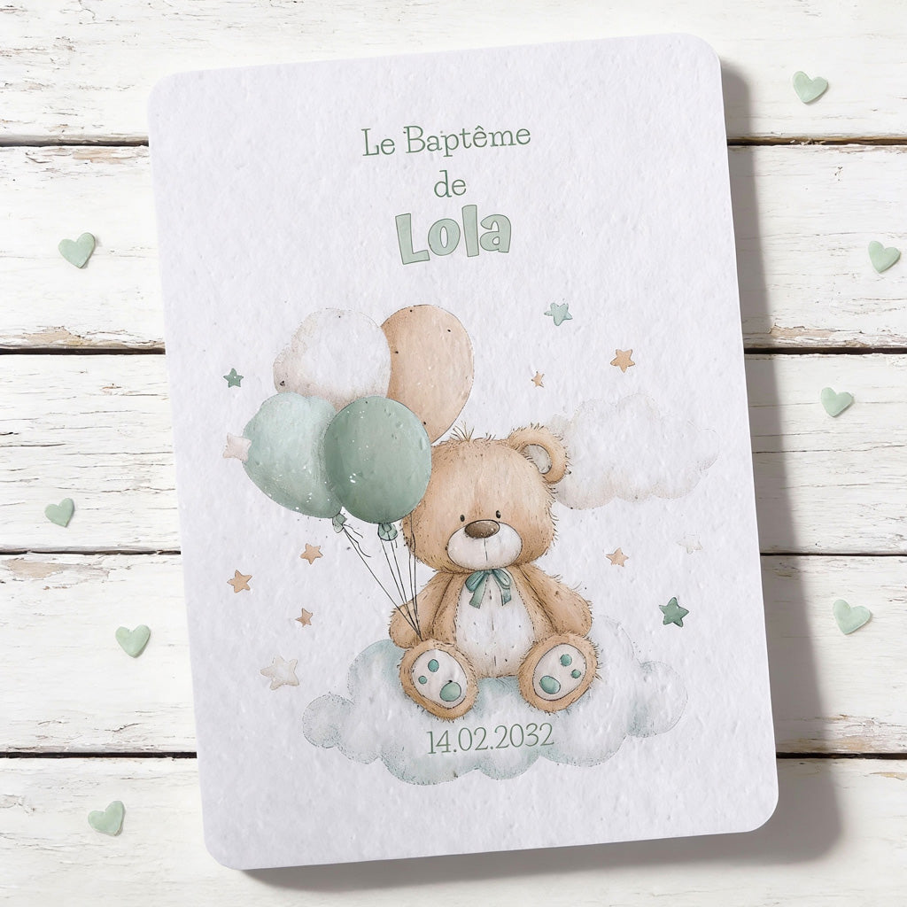 faire-part de baptême à planter nounours vert