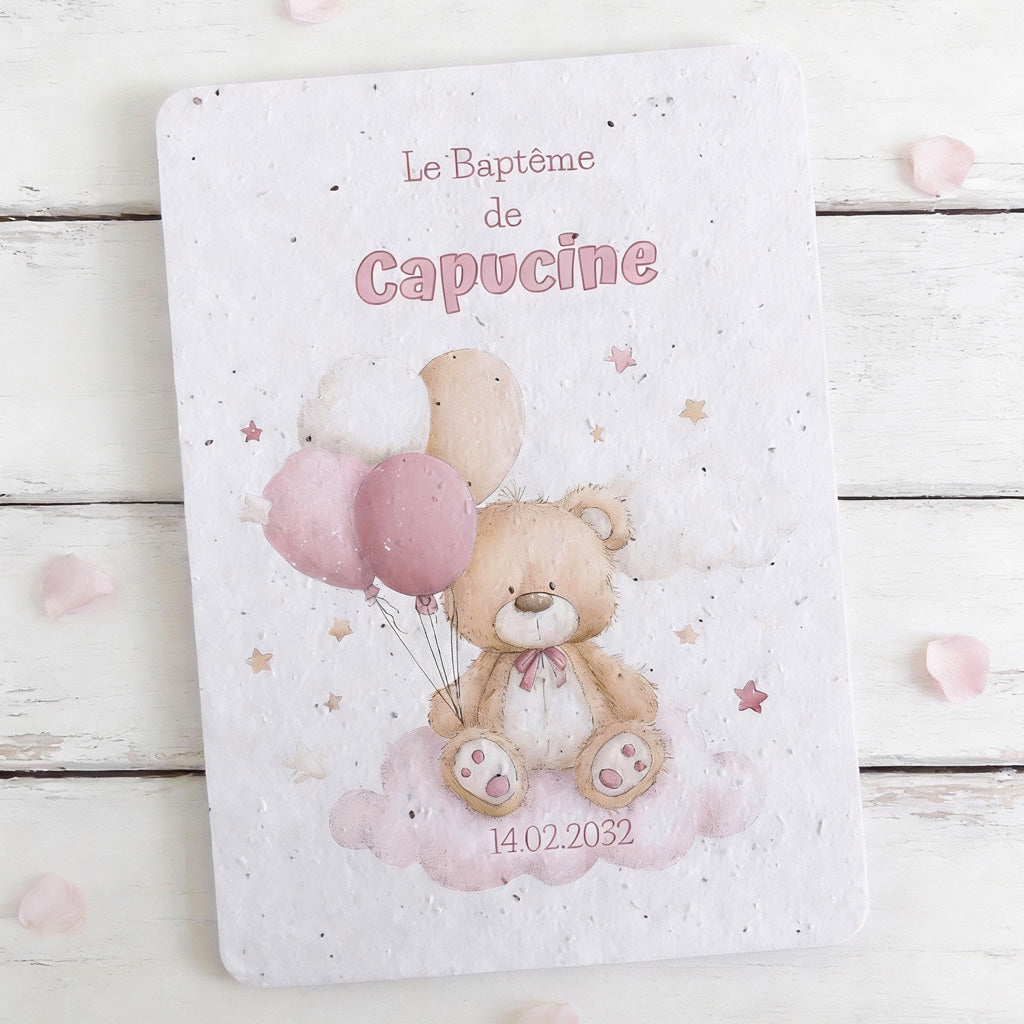 faire-part de baptême à planter nounours rose