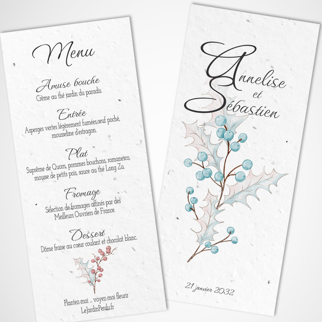 Carte menu  ensemencée mariage hiver