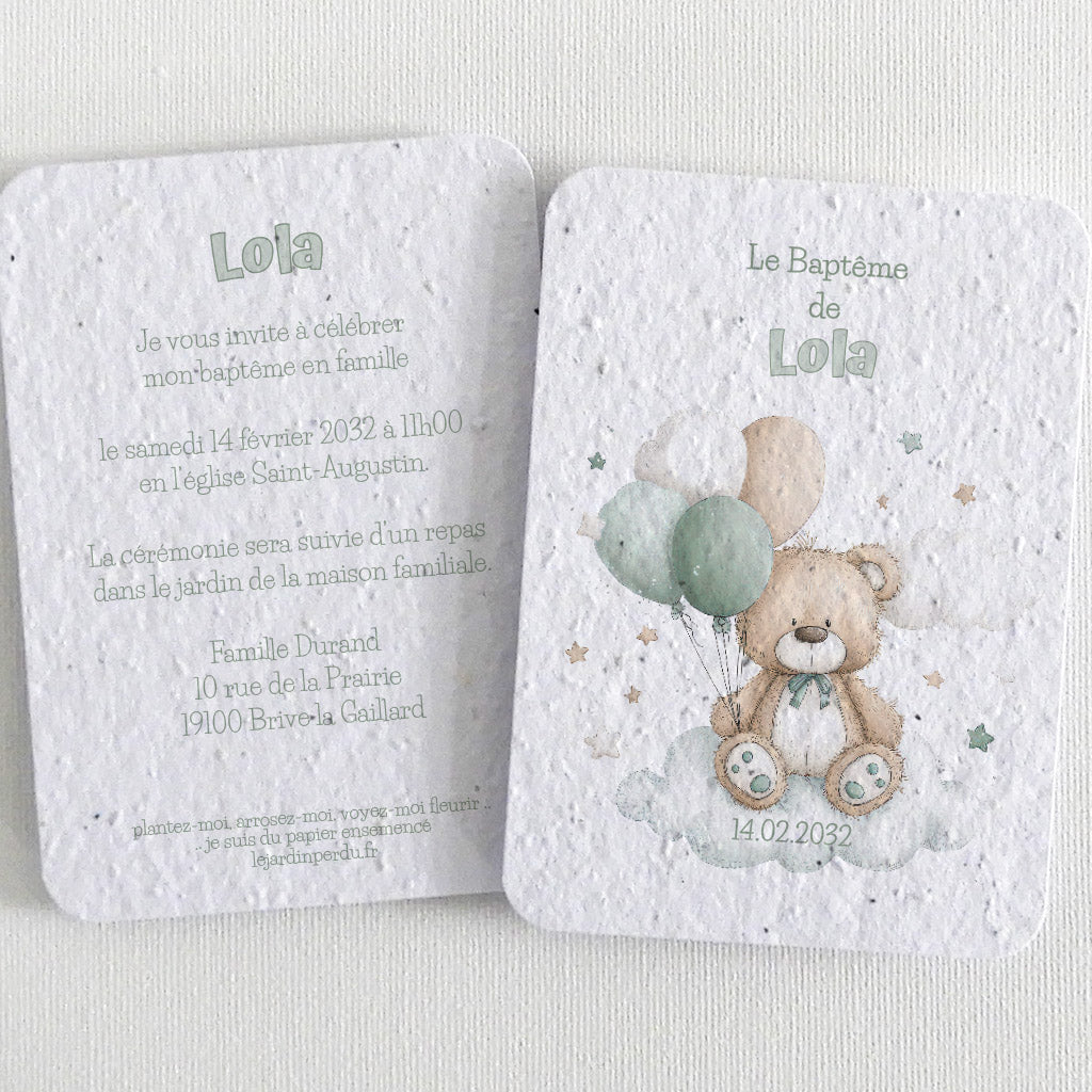 invitation baptême nounours papier ensemencé