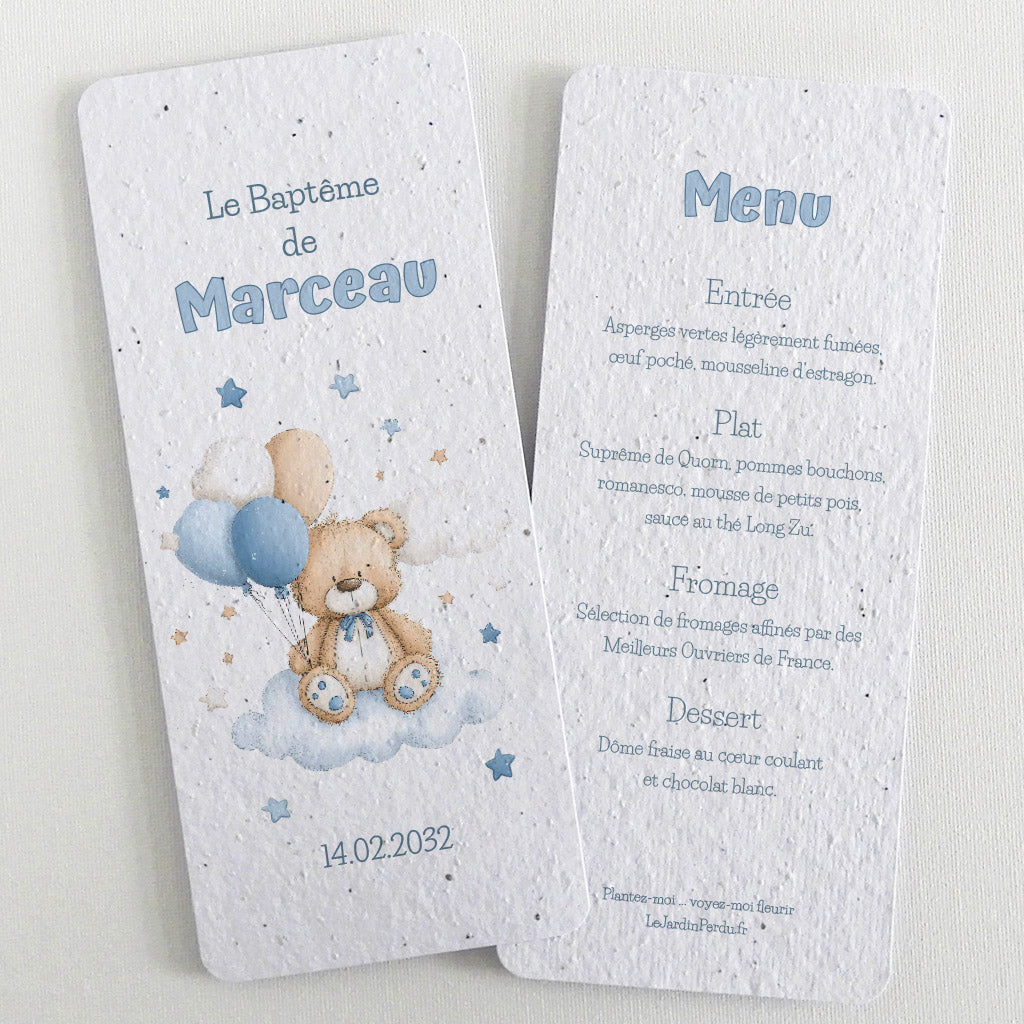 carte menu à planter baptême nounours