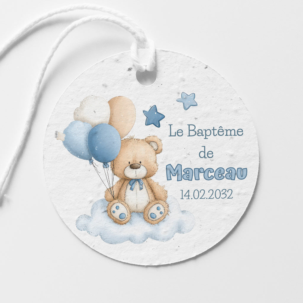 étiquette baptême nounours en papier ensemencé