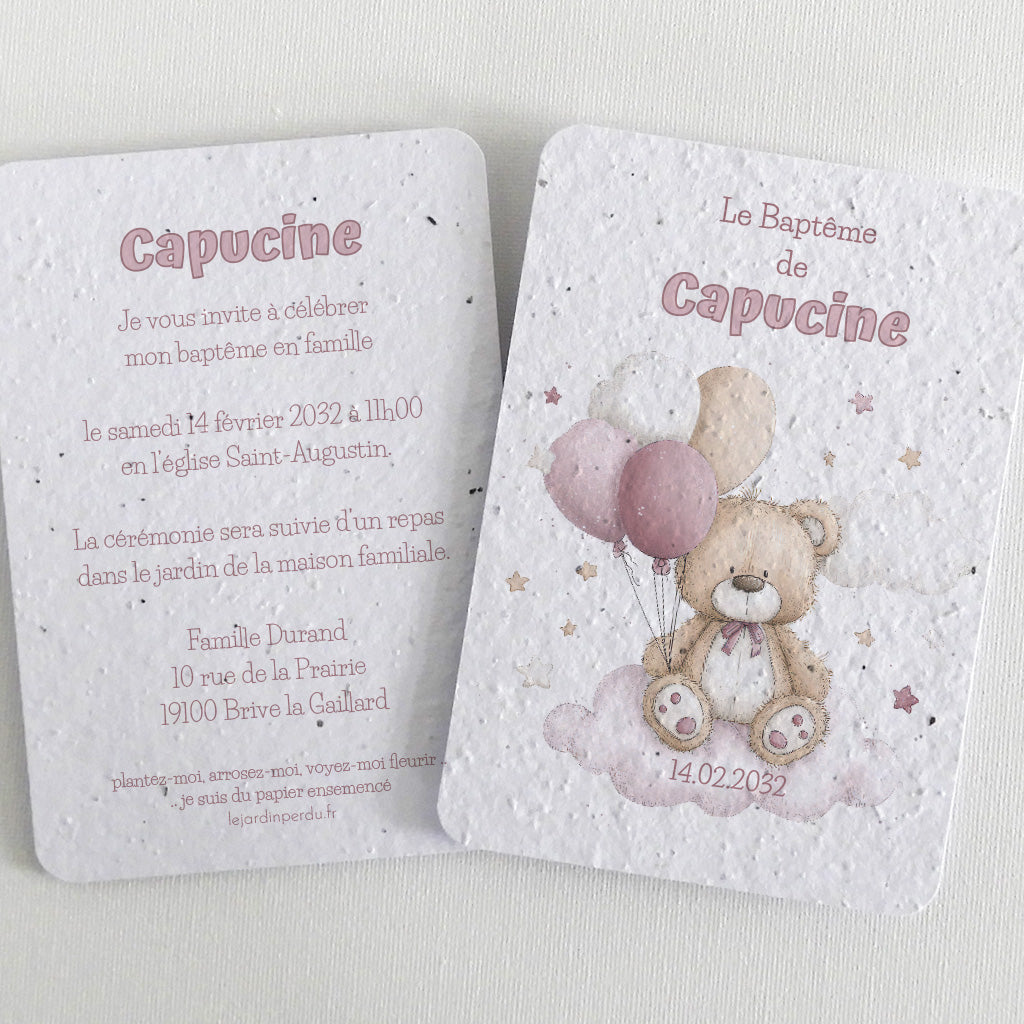 Plantable Baptism Invitation - Pink Teddy Bear 12.8cm x 17.9cm