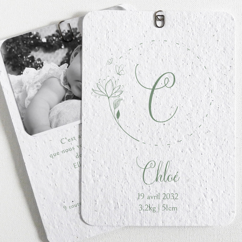 Faire-part de naissance écoresponsable papier ensemencé