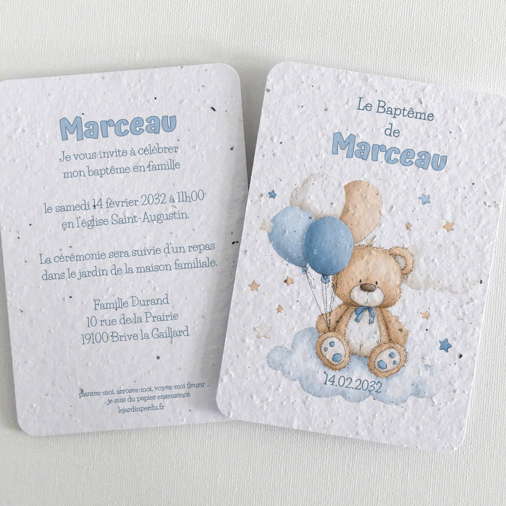 invitation baptême  nounours papier ensemencé
