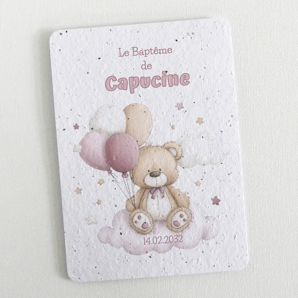invitation baptême  nounours papier ensemencé