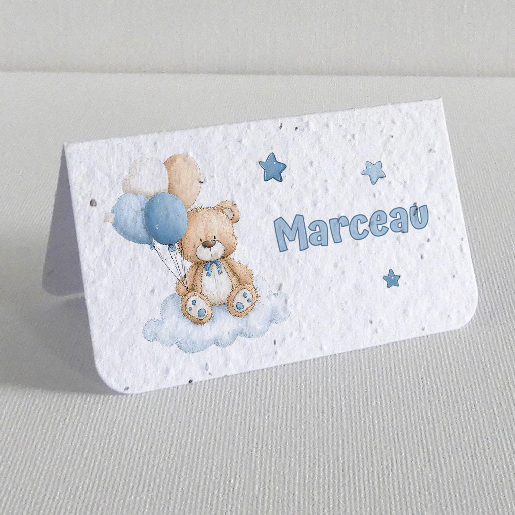 marque-place baptême nounours papier ensemencé 