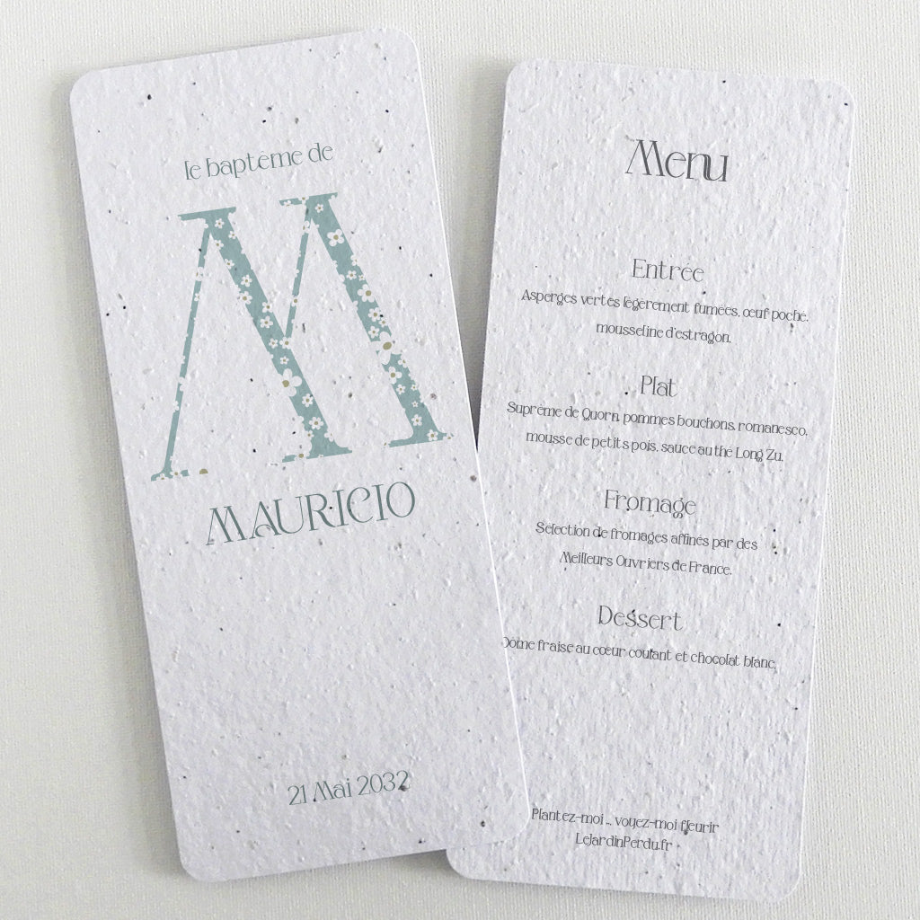 Menu baptême écologique papier ensemencé
