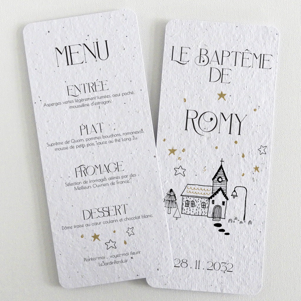 Menu baptême écoresponsable papier ensemencé